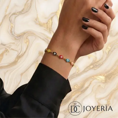 Pulsera mano de Fátima multicolor — Acero inoxidable Dorado